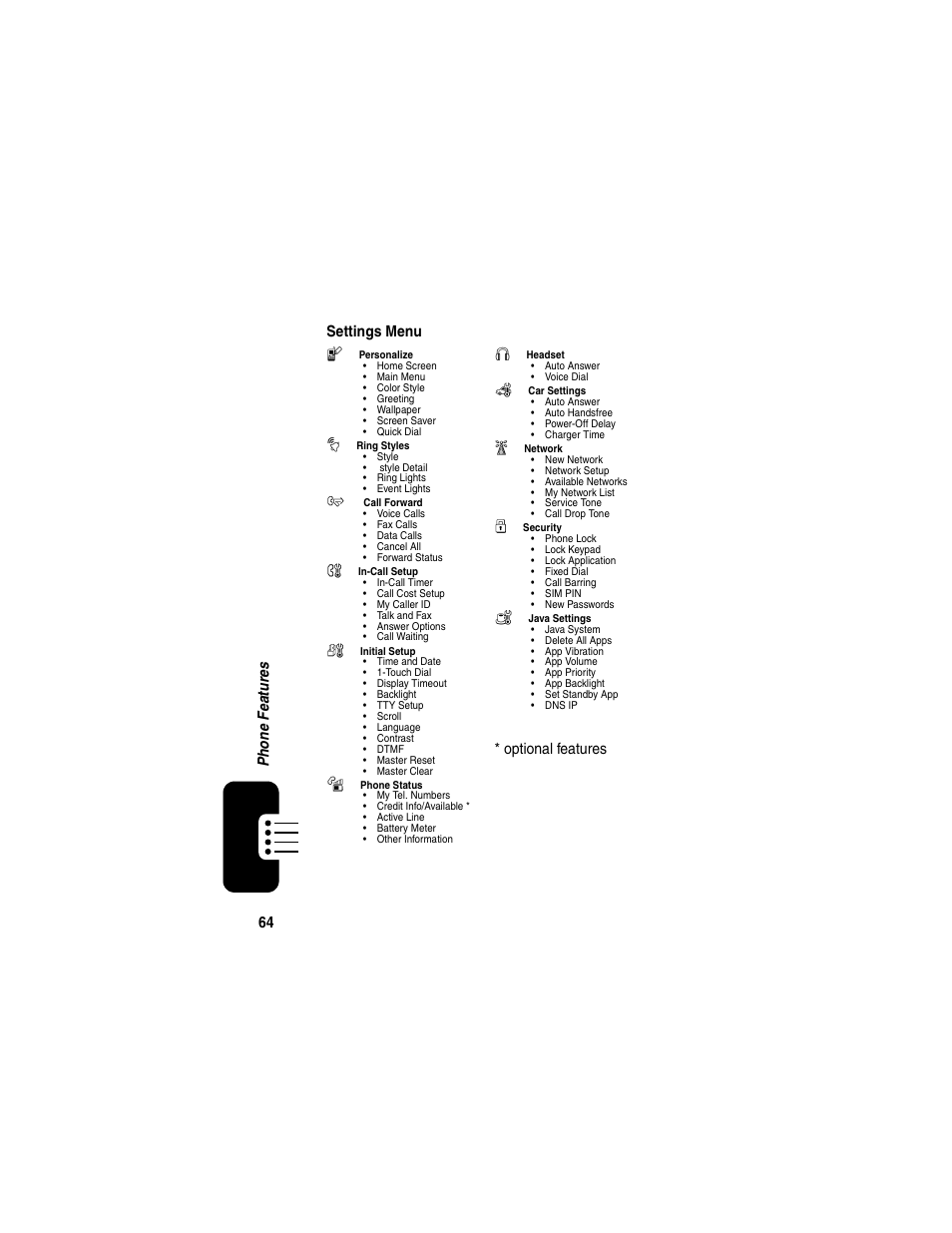 64 ph on e fe ature s settings menu l, Optional features | Motorola C650 User Manual | Page 66 / 124