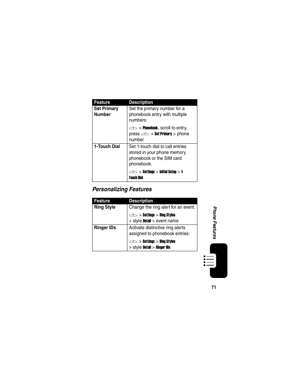 Personalizing features | Motorola C650 User Manual | Page 73 / 124