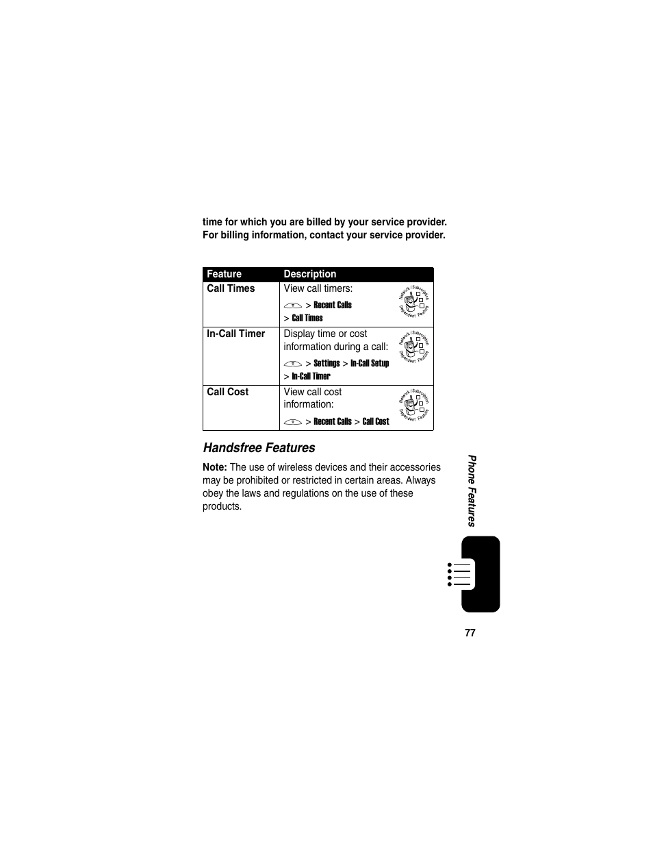 Handsfree features | Motorola C650 User Manual | Page 79 / 124