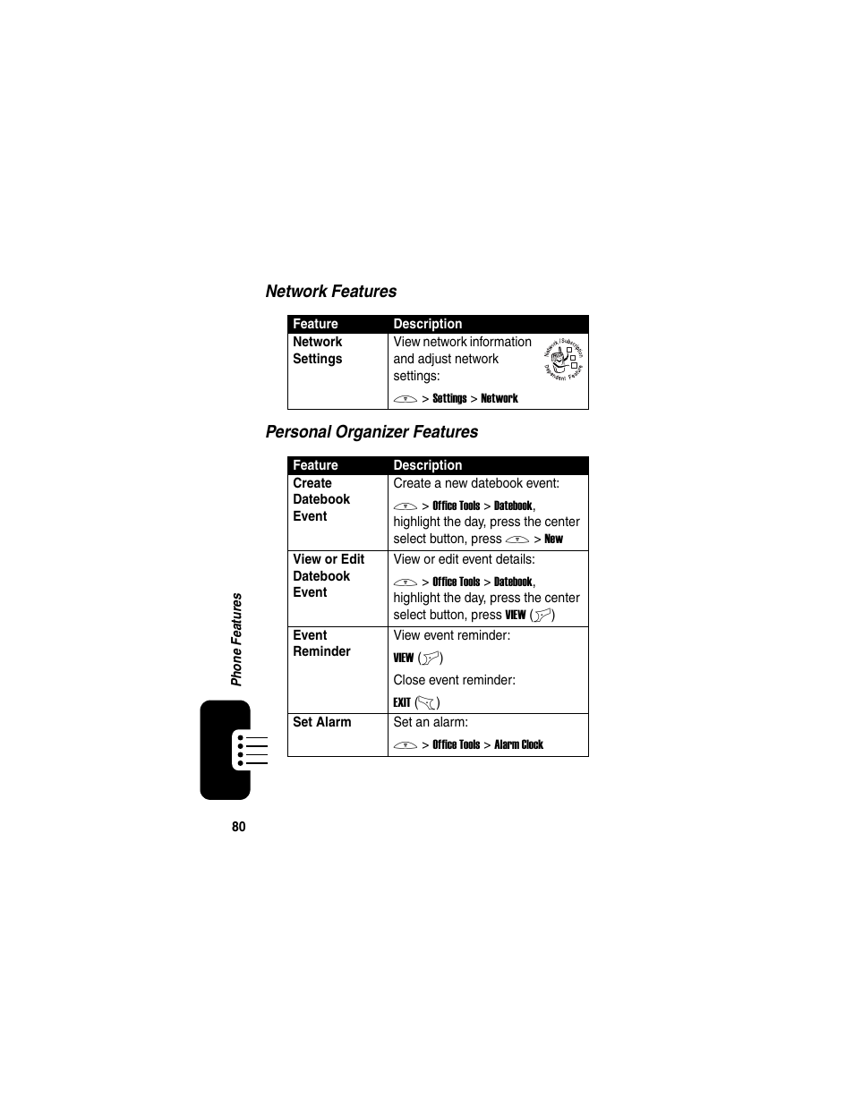 Network features personal organizer features | Motorola C650 User Manual | Page 82 / 124