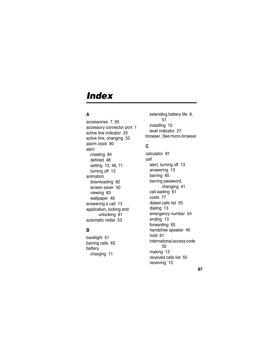 Index | Motorola C650 User Manual | Page 89 / 124