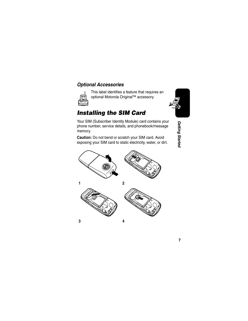 Installing the sim card, Optional accessories | Motorola C650 User Manual | Page 9 / 124