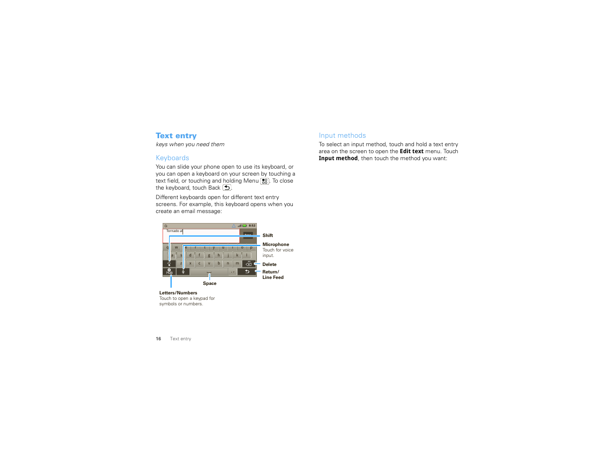 Text entry, Keyboards, Input methods | Motorola 68000202881-B 66 User Manual | Page 18 / 70