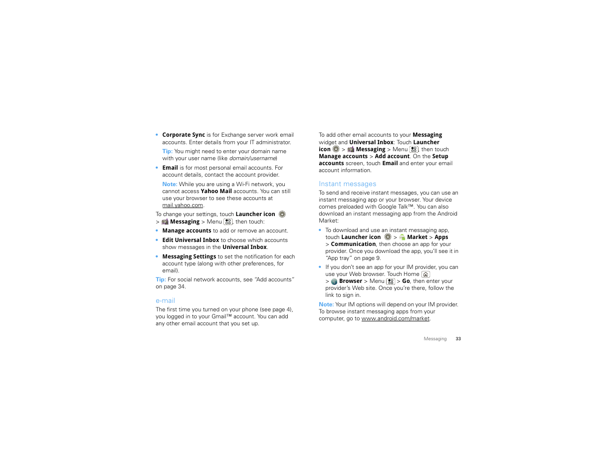 E-mail, Instant messages | Motorola 68000202881-B 66 User Manual | Page 35 / 70