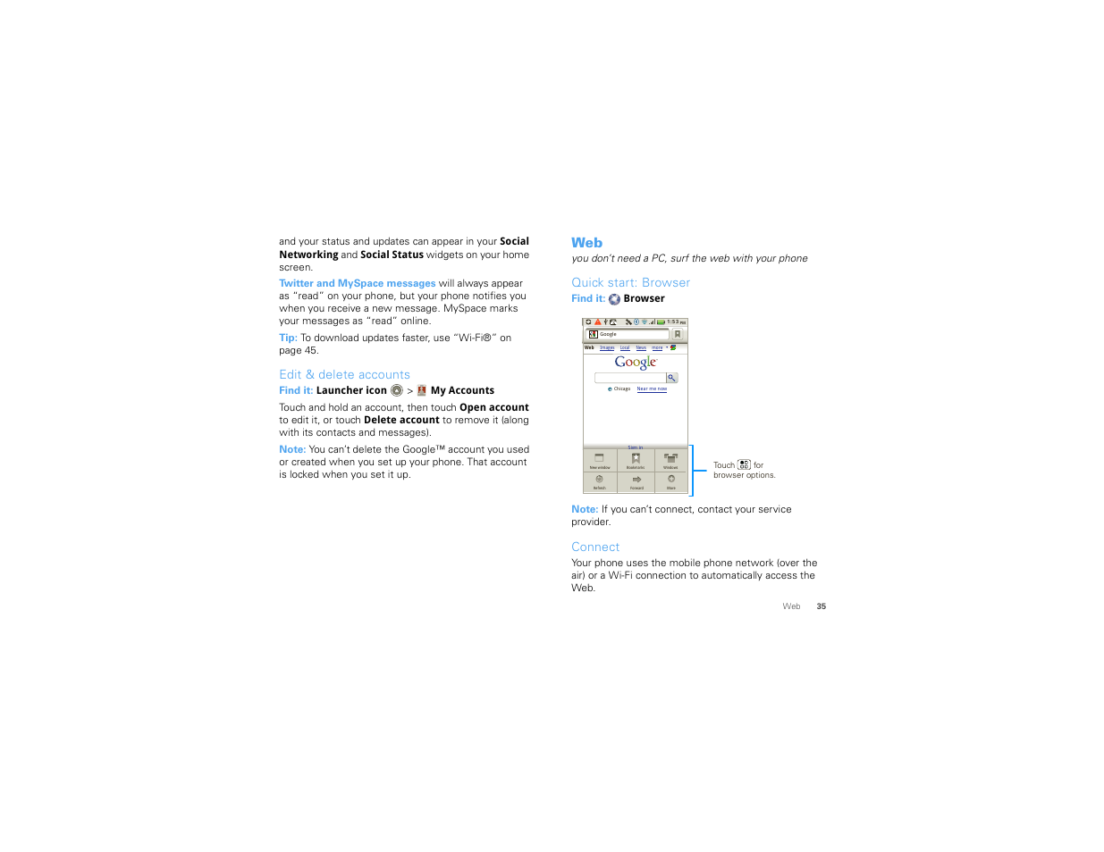 Edit & delete accounts, Quick start: browser, Connect | Motorola 68000202881-B 66 User Manual | Page 37 / 70