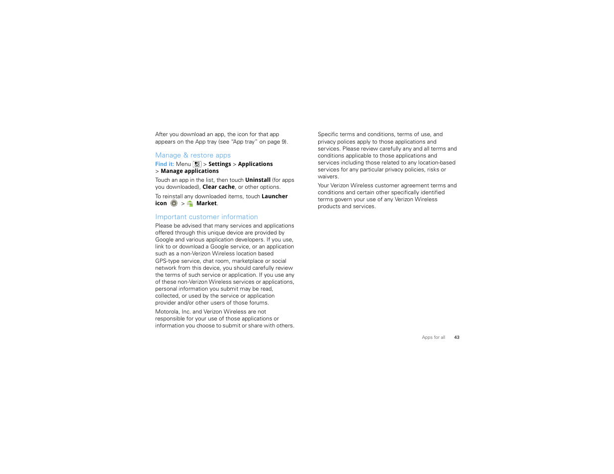 Manage & restore apps, Important customer information | Motorola 68000202881-B 66 User Manual | Page 45 / 70
