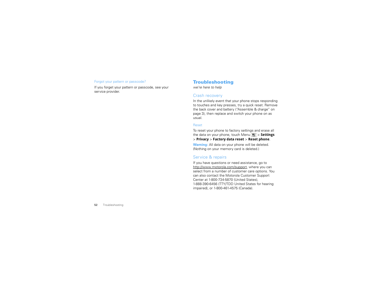 Troubleshooting, Crash recovery, Service & repairs | Motorola 68000202881-B 66 User Manual | Page 54 / 70