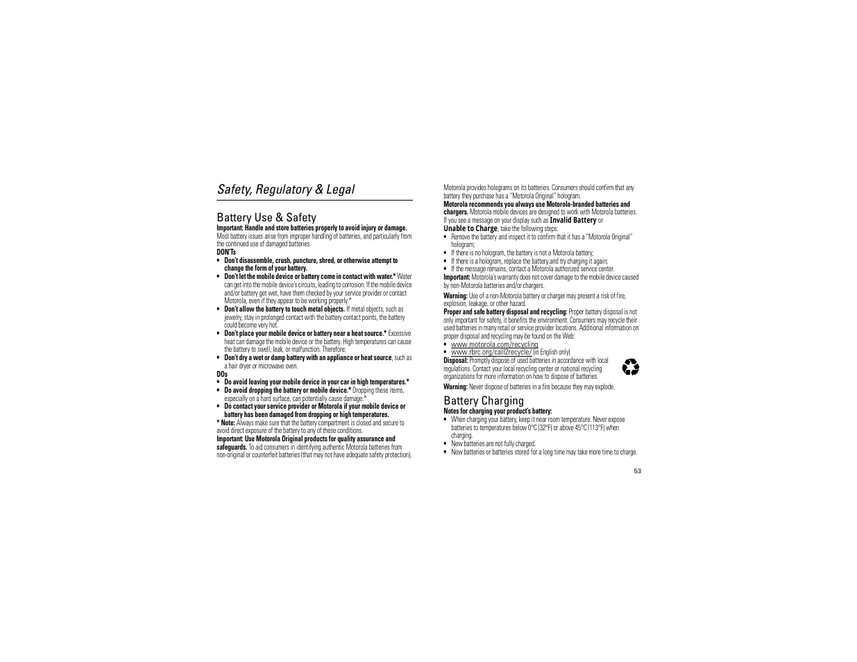 Safety, regulatory & legal, Battery use & safety, Battery charging | Motorola 68000202881-B 66 User Manual | Page 55 / 70