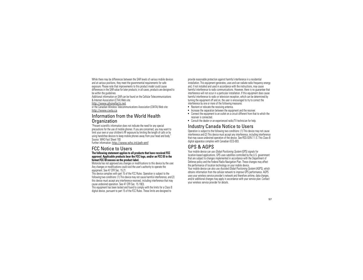 Who information, Fcc notice, Industry canada notice | Gps & agps, Information from the world health organization, Fcc notice to users, Industry canada notice to users | Motorola 68000202881-B 66 User Manual | Page 59 / 70