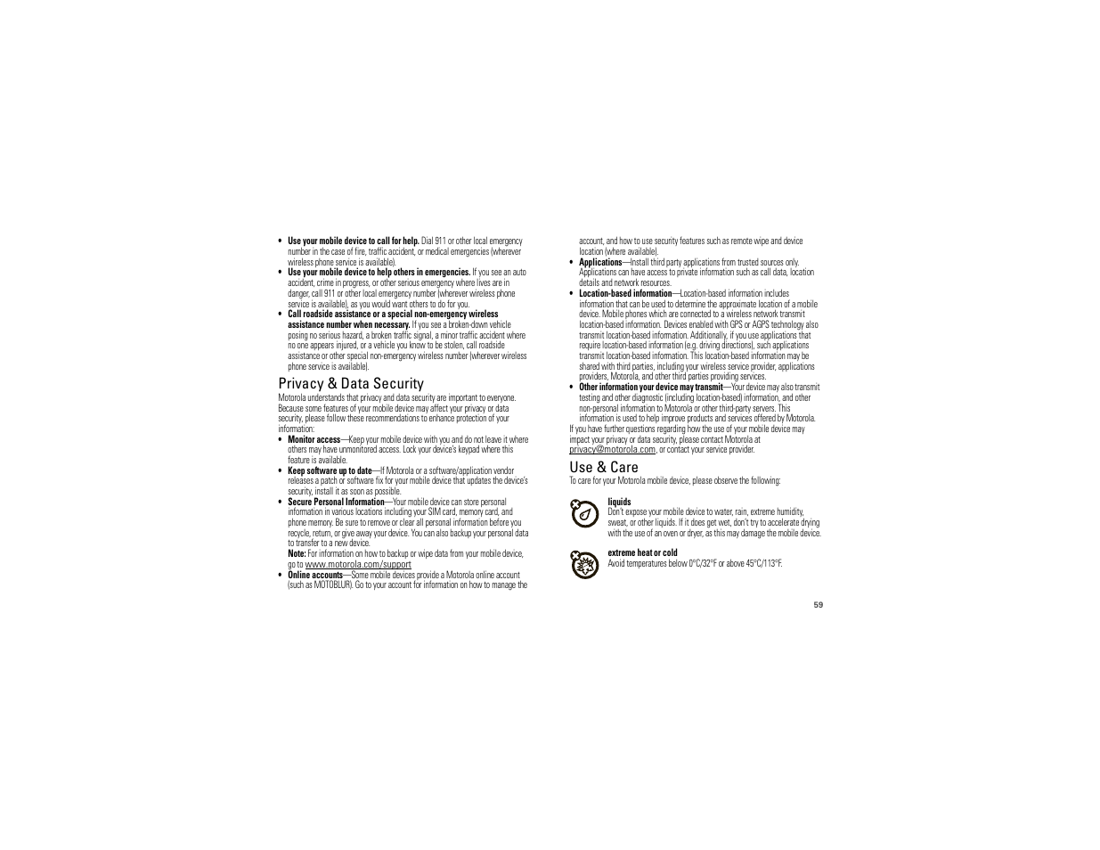 Privacy & data security, Use & care | Motorola 68000202881-B 66 User Manual | Page 61 / 70