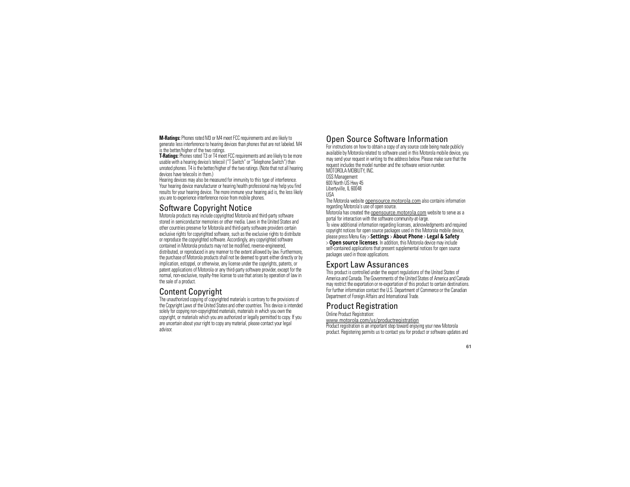 Software copyright notice, Content copyright, Oss information | Export law, Registration, Open source software information, Export law assurances, Product registration | Motorola 68000202881-B 66 User Manual | Page 63 / 70