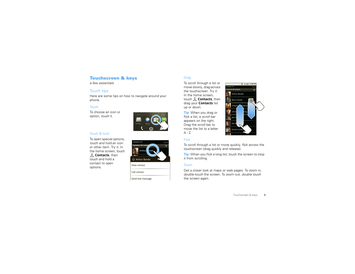 Touchscreen & keys, Touch tips | Motorola 68000202881-B 66 User Manual | Page 7 / 70