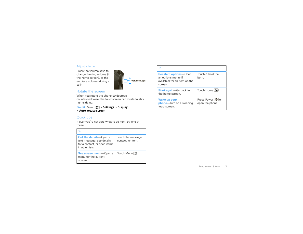 Rotate the screen, Quick tips | Motorola 68000202881-B 66 User Manual | Page 9 / 70