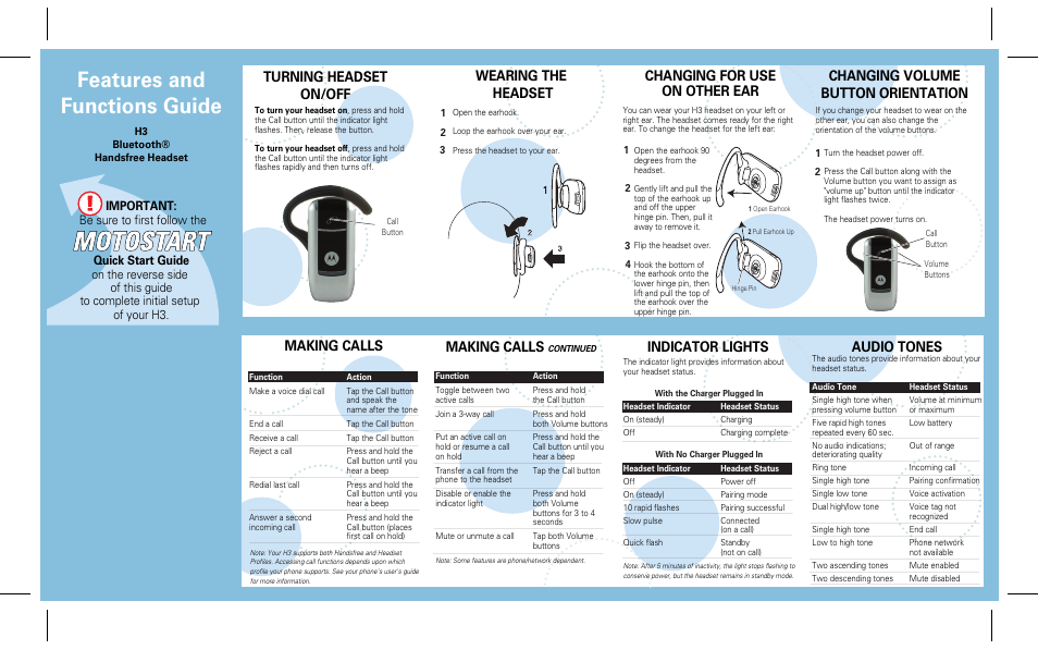Features and functions guide, Turning headset on/off making calls, Indicator lights | Wearing the headset, Audio tones, Making calls, Changing for use on other ear, Changing volume button orientation | Motorola MOTOSTART H3 User Manual | Page 2 / 2