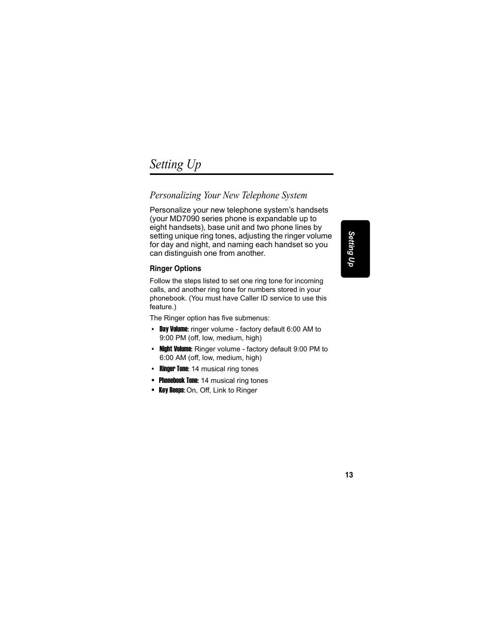 Setting up, Personalizing your new telephone system, Ringer options | Motorola MD7090 User Manual | Page 33 / 72