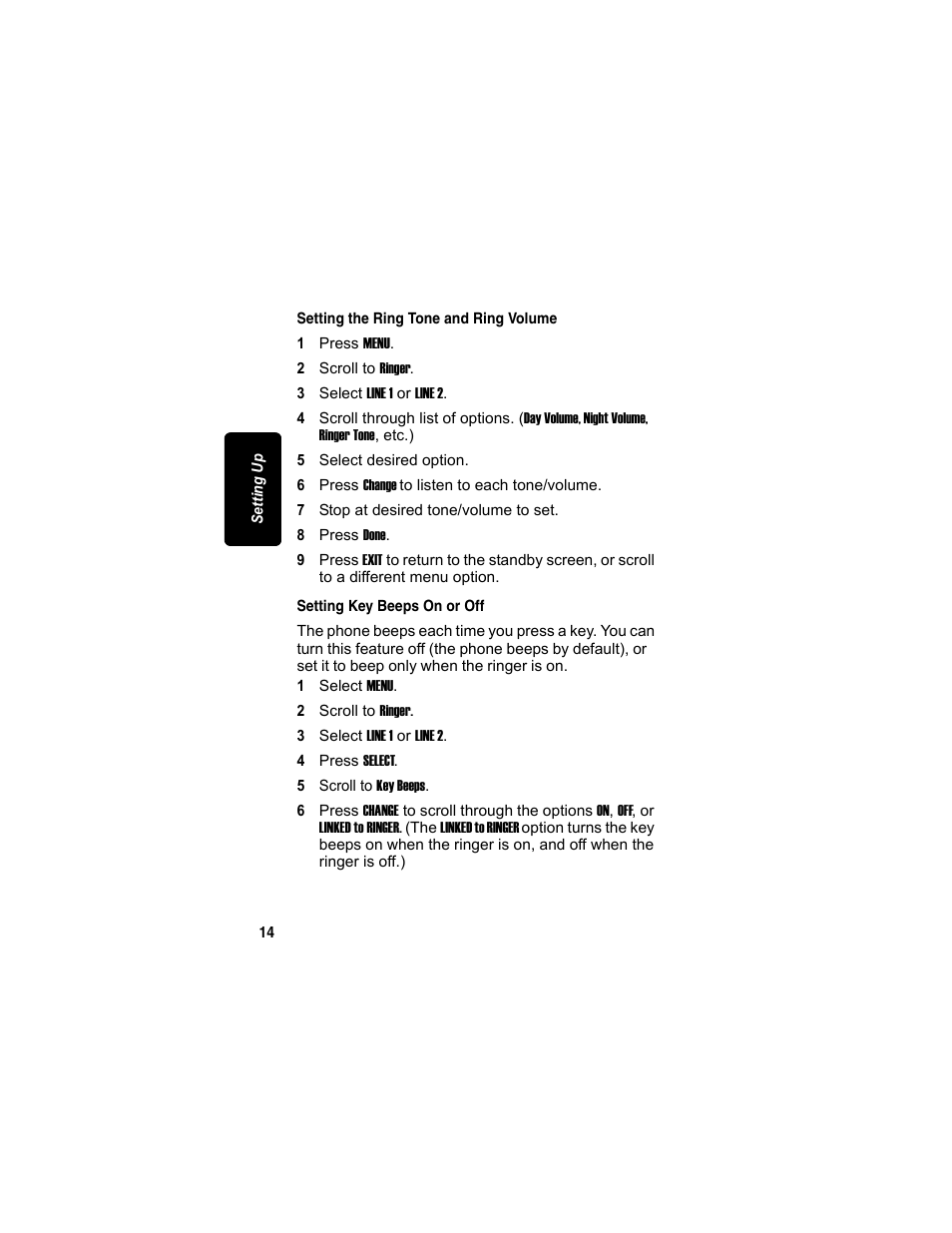 Setting the ring tone and ring volume, Setting key beeps on or off | Motorola MD7090 User Manual | Page 34 / 72