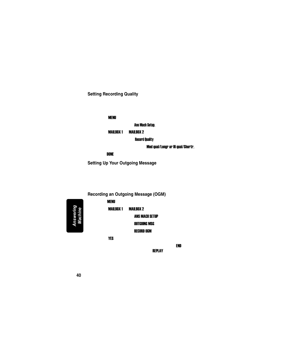 Setting recording quality, Setting up your outgoing message, Recording an outgoing message (ogm) | Motorola MD7090 User Manual | Page 60 / 72