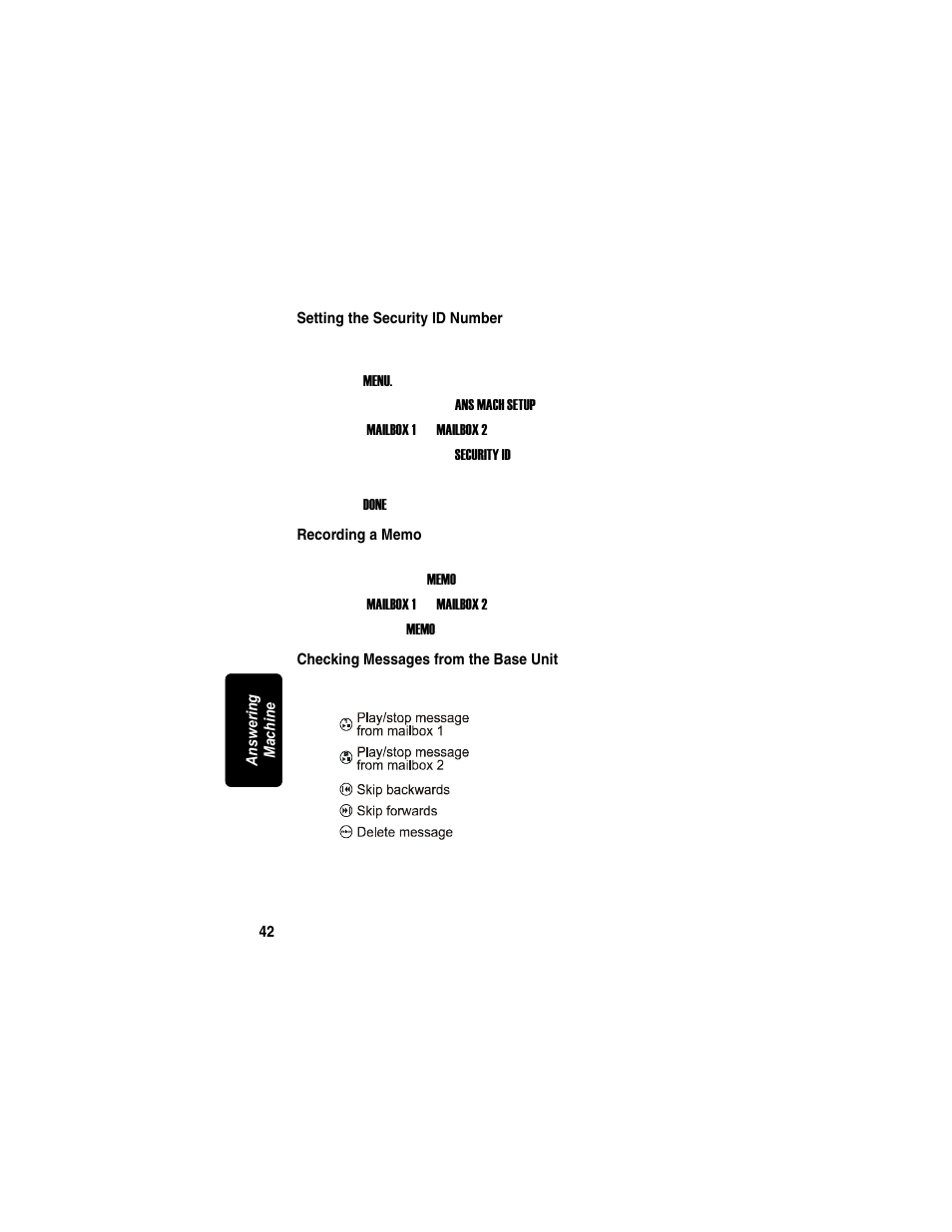 Setting the security id number, Recording a memo, Checking messages from the base unit | Motorola MD7090 User Manual | Page 62 / 72