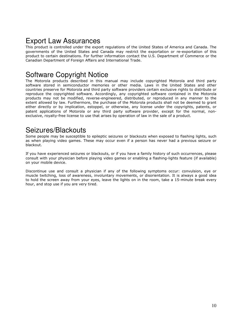 Export law assurances, Software copyright notice, Seizures/blackouts | Motorola MOTONAV T815 User Manual | Page 10 / 63