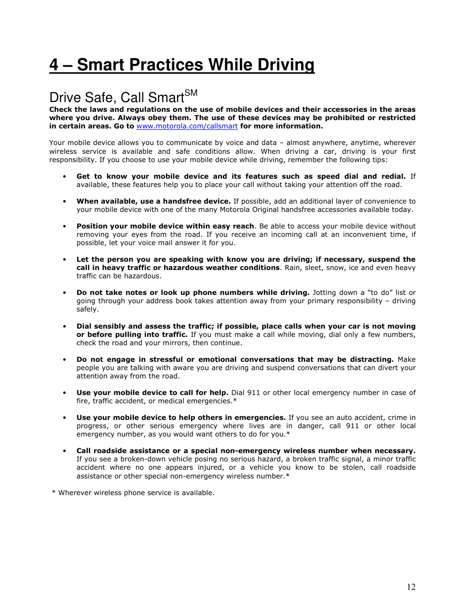 4 – smart practices while driving, Drive safe, call smart | Motorola MOTONAV T815 User Manual | Page 12 / 63