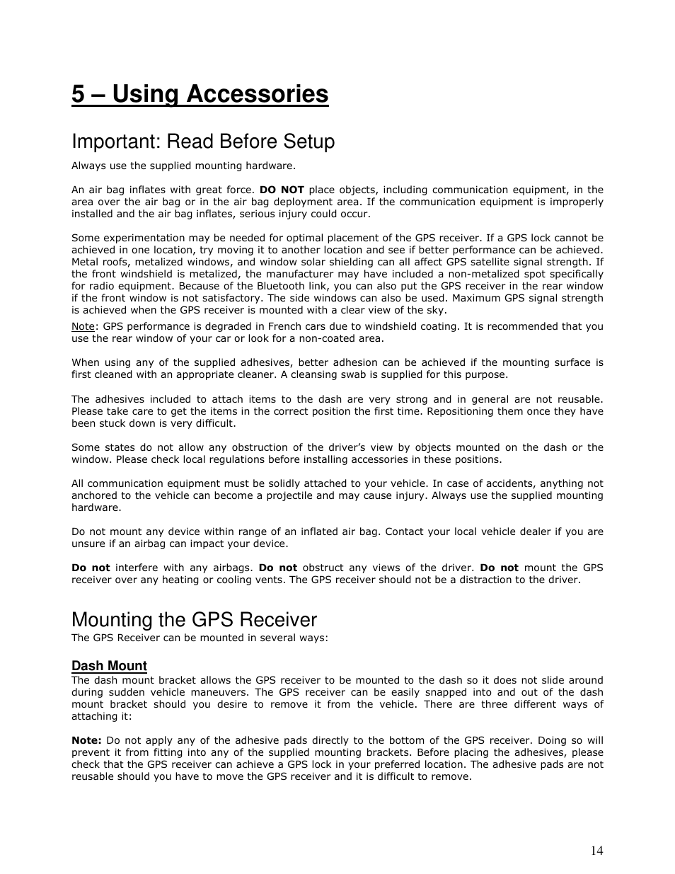 5 – using accessories, Important: read before setup, Mounting the gps receiver | Motorola MOTONAV T815 User Manual | Page 14 / 63