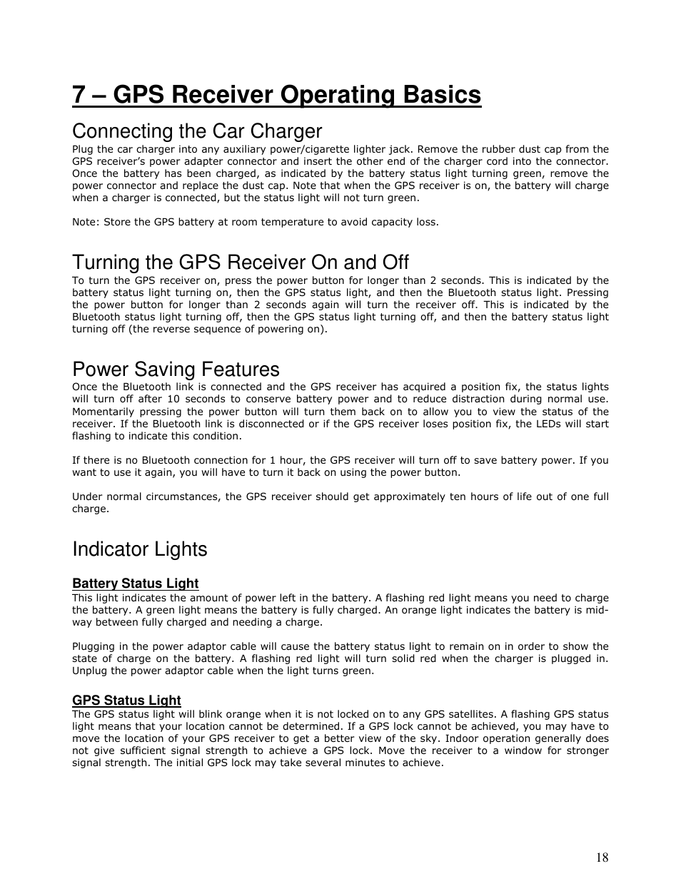 7 – gps receiver operating basics, Connecting the car charger, Turning the gps receiver on and off | Power saving features, Indicator lights | Motorola MOTONAV T815 User Manual | Page 18 / 63