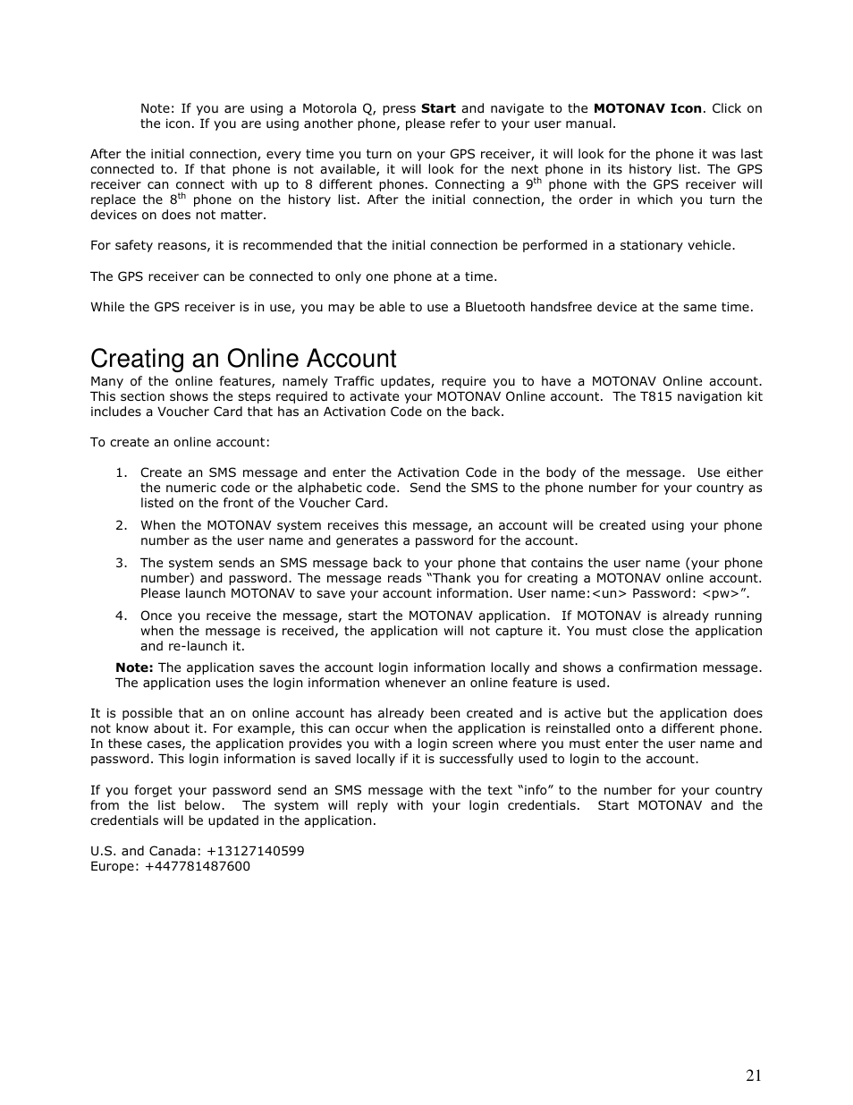 Creating an online account | Motorola MOTONAV T815 User Manual | Page 21 / 63