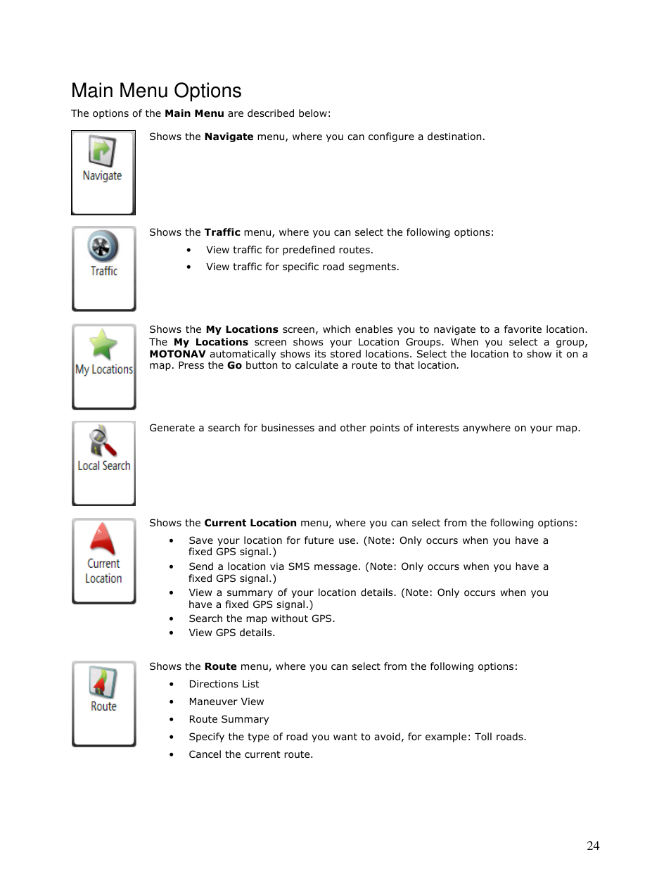 Main menu options | Motorola MOTONAV T815 User Manual | Page 24 / 63