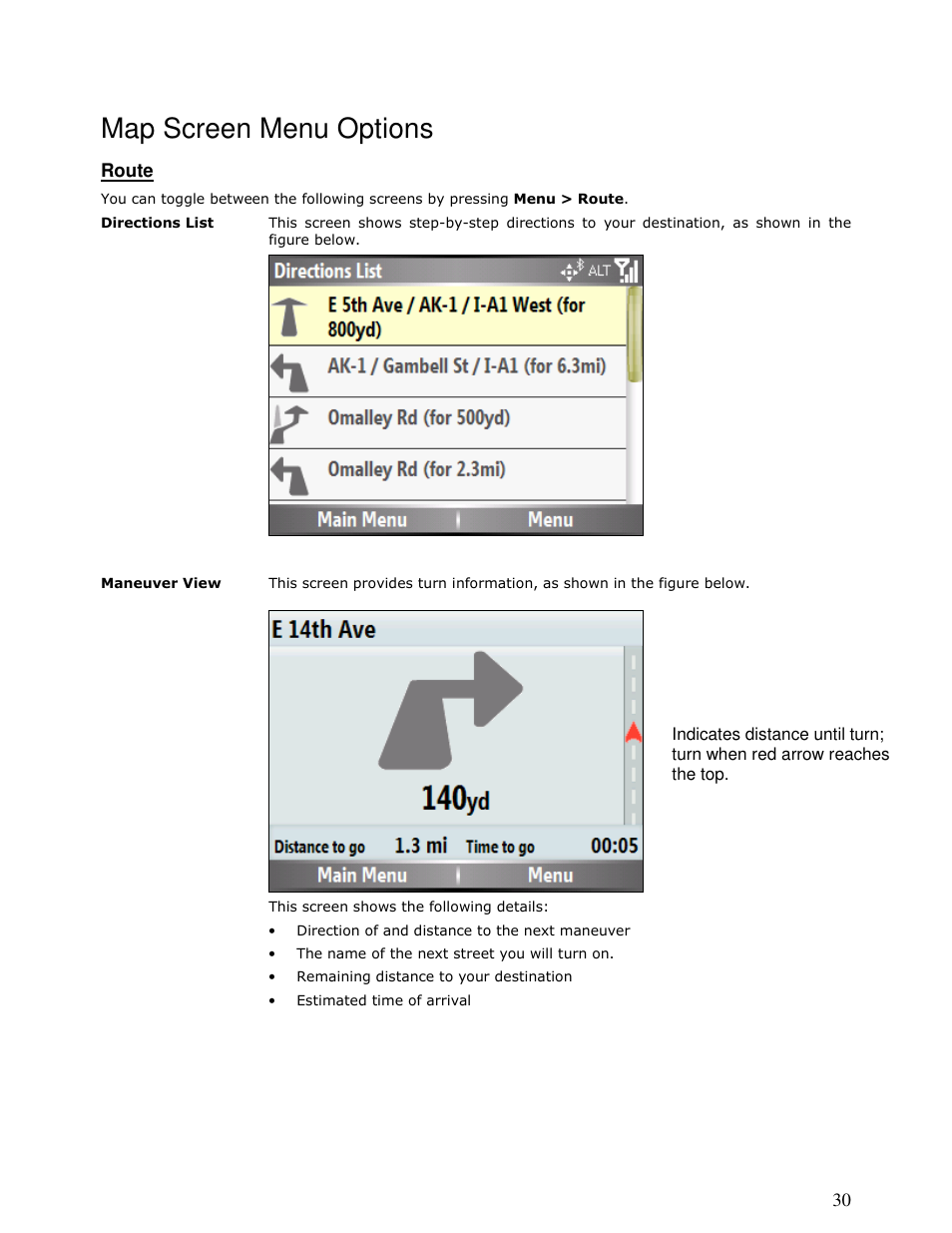 Map screen menu options | Motorola MOTONAV T815 User Manual | Page 30 / 63