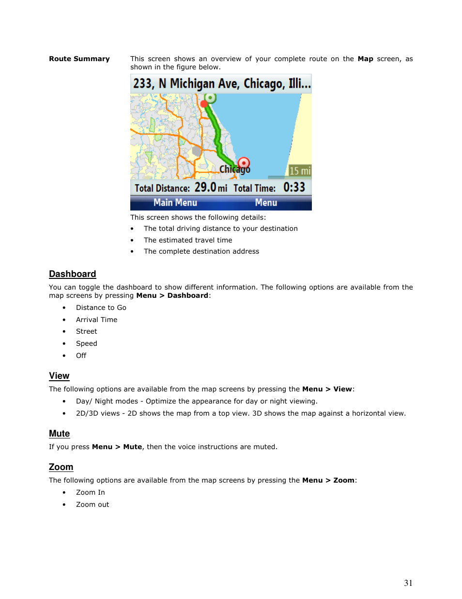 Dashboard, View, Mute | Zoom | Motorola MOTONAV T815 User Manual | Page 31 / 63