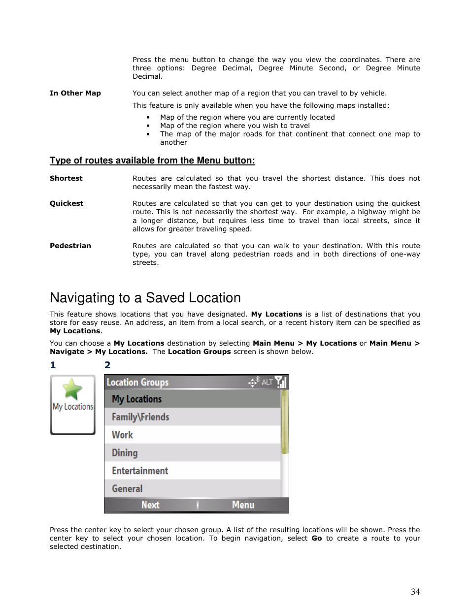 Navigating to a saved location | Motorola MOTONAV T815 User Manual | Page 34 / 63