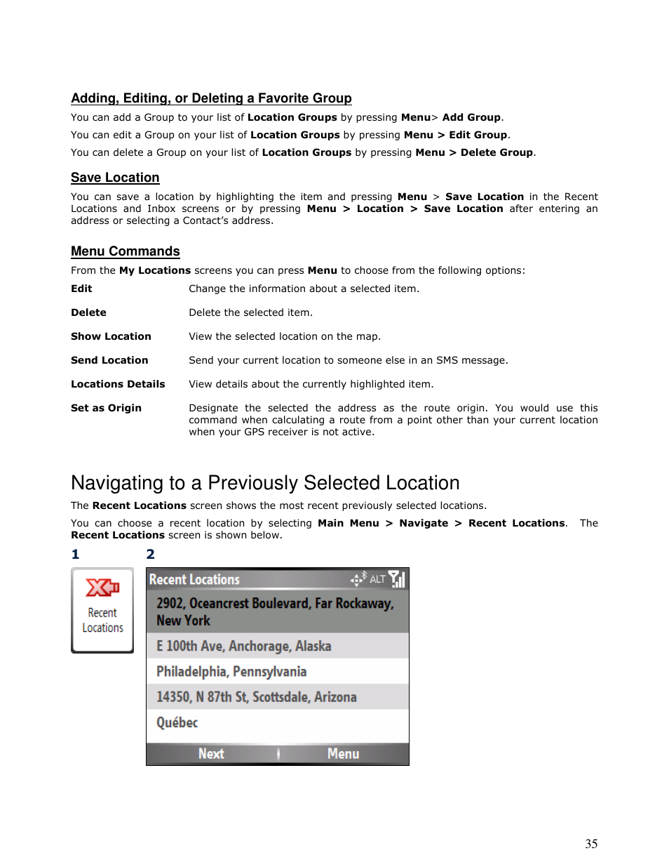 Navigating to a previously selected location | Motorola MOTONAV T815 User Manual | Page 35 / 63