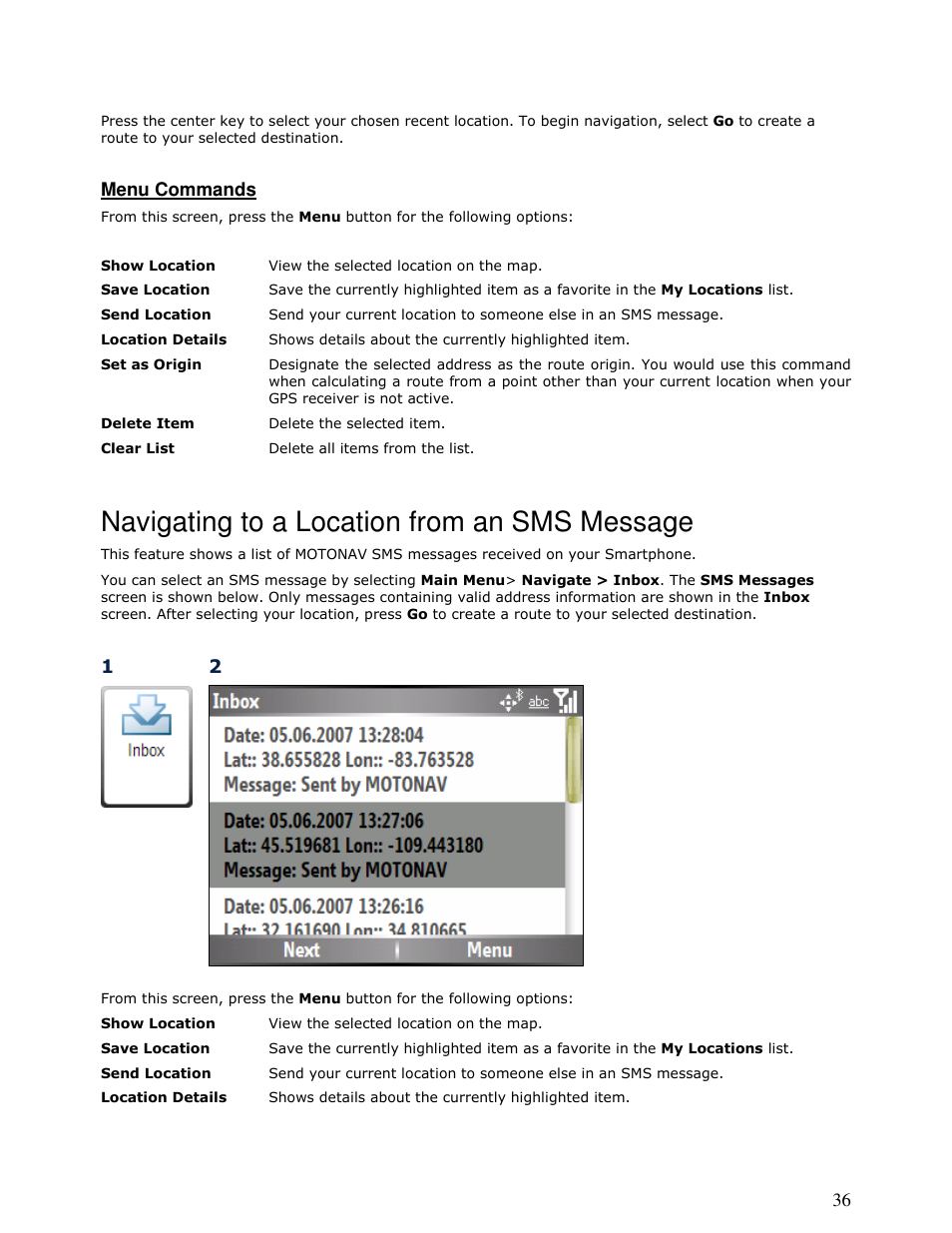 Navigating to a location from an sms message | Motorola MOTONAV T815 User Manual | Page 36 / 63