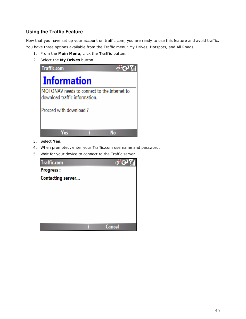 45 using the traffic feature | Motorola MOTONAV T815 User Manual | Page 45 / 63