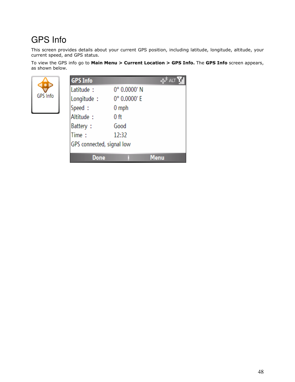 Gps info | Motorola MOTONAV T815 User Manual | Page 48 / 63