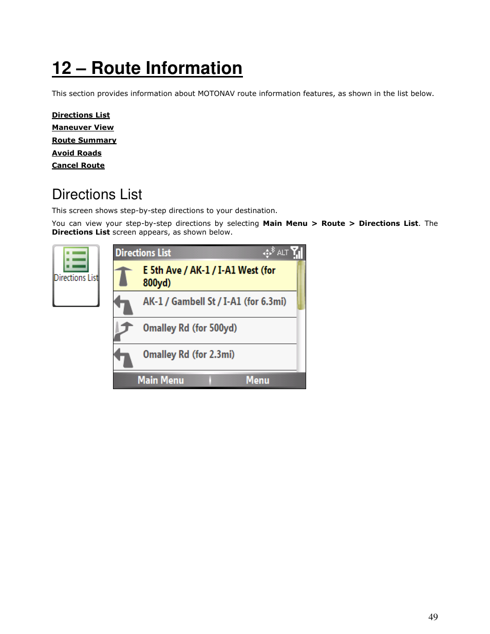 12 – route information, Directions list | Motorola MOTONAV T815 User Manual | Page 49 / 63