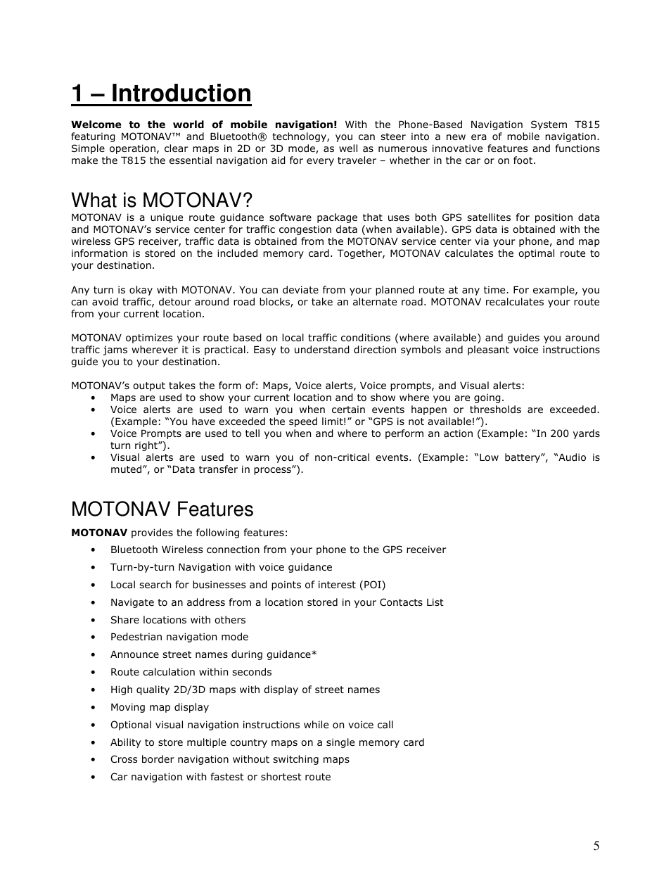 1 – introduction, What is motonav, Motonav features | Motorola MOTONAV T815 User Manual | Page 5 / 63