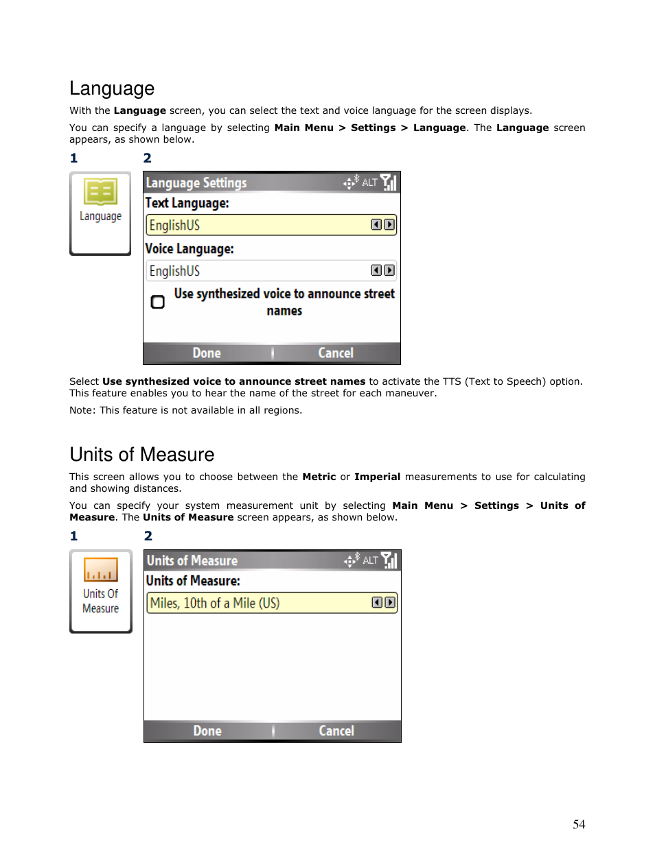 Language, Units of measure | Motorola MOTONAV T815 User Manual | Page 54 / 63