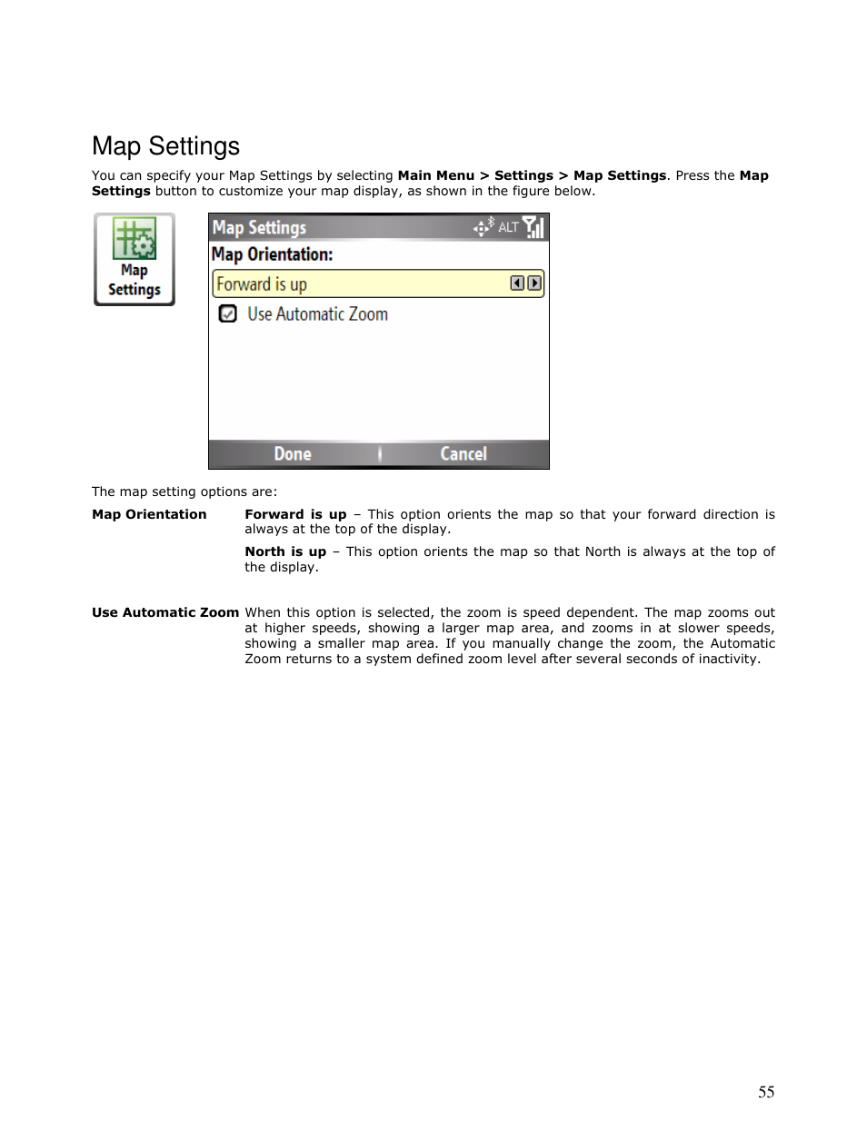 Map settings | Motorola MOTONAV T815 User Manual | Page 55 / 63