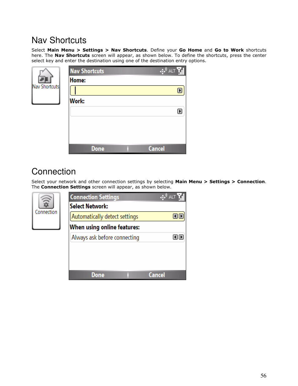 Nav shortcuts, Connection | Motorola MOTONAV T815 User Manual | Page 56 / 63