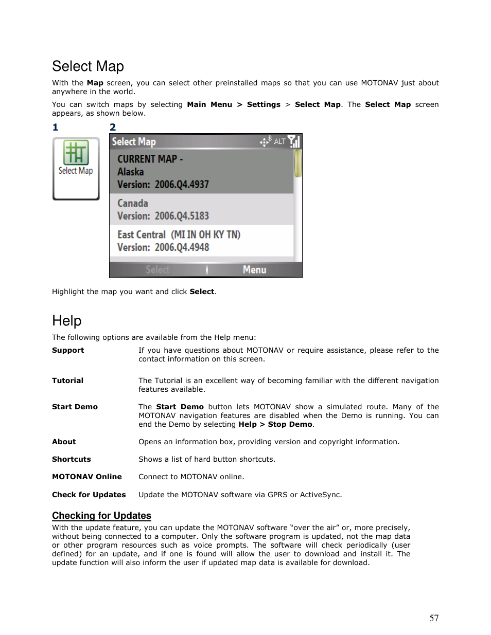 Select map, Help | Motorola MOTONAV T815 User Manual | Page 57 / 63