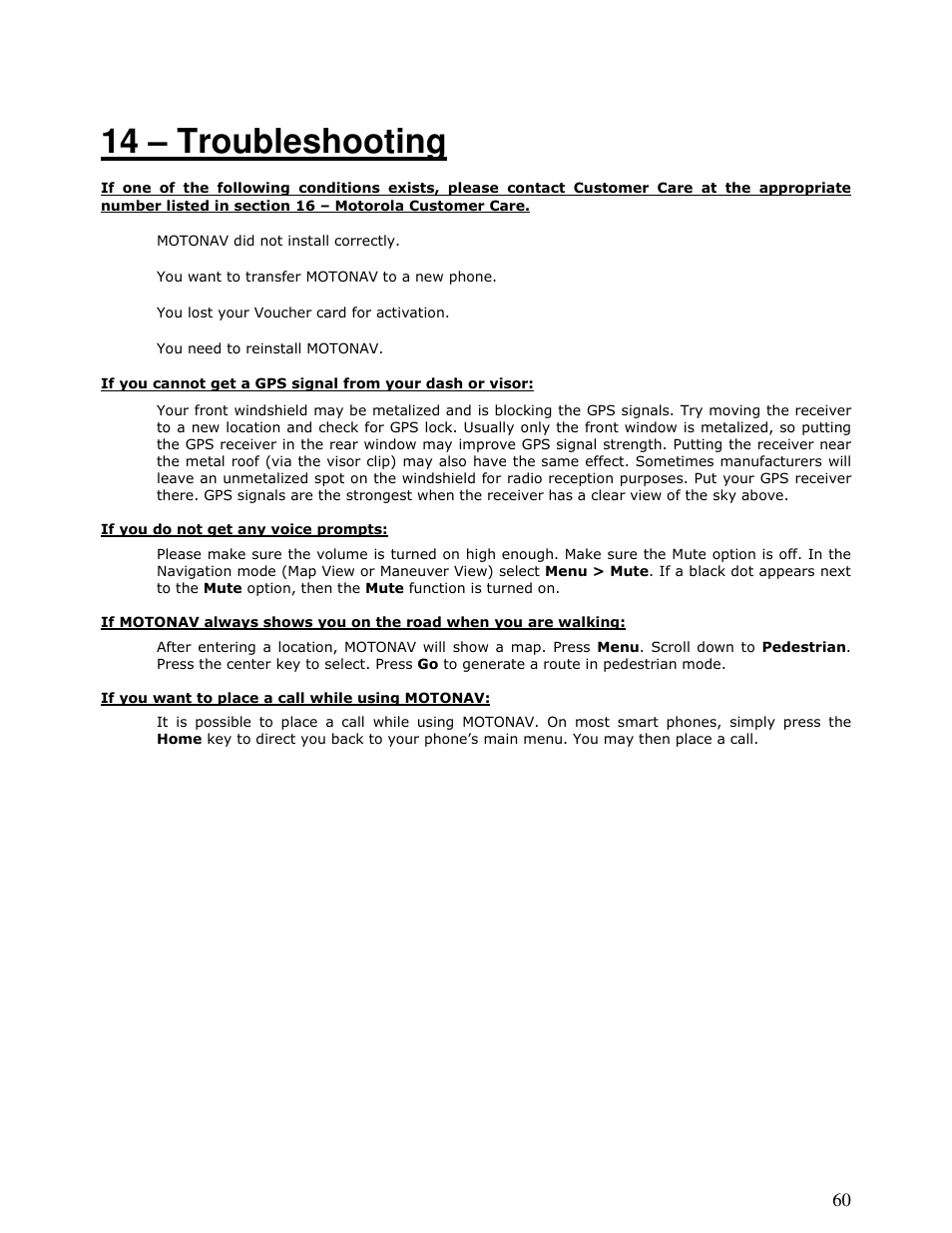 14 – troubleshooting | Motorola MOTONAV T815 User Manual | Page 60 / 63