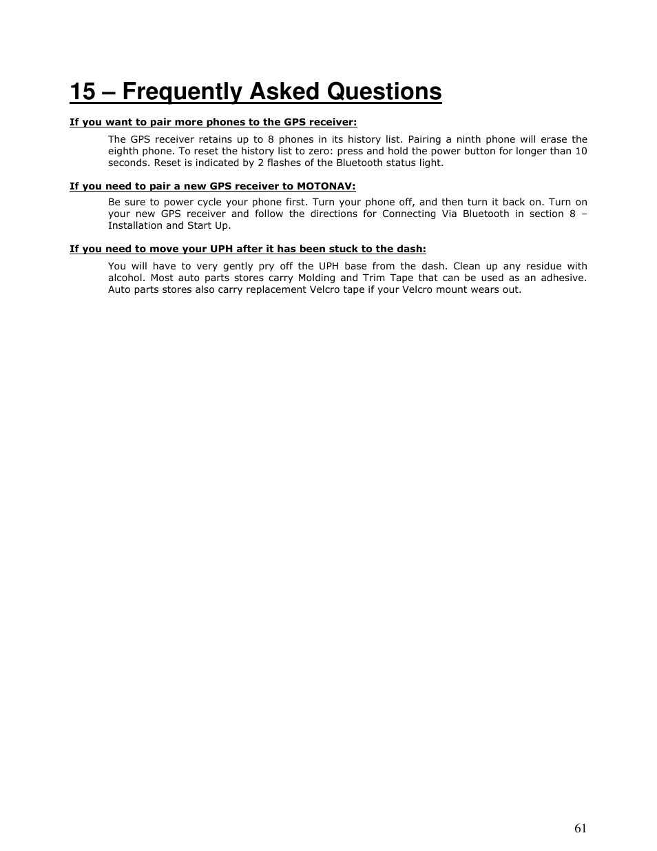 15 – frequently asked questions | Motorola MOTONAV T815 User Manual | Page 61 / 63