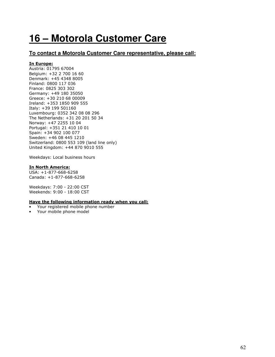 16 – motorola customer care | Motorola MOTONAV T815 User Manual | Page 62 / 63