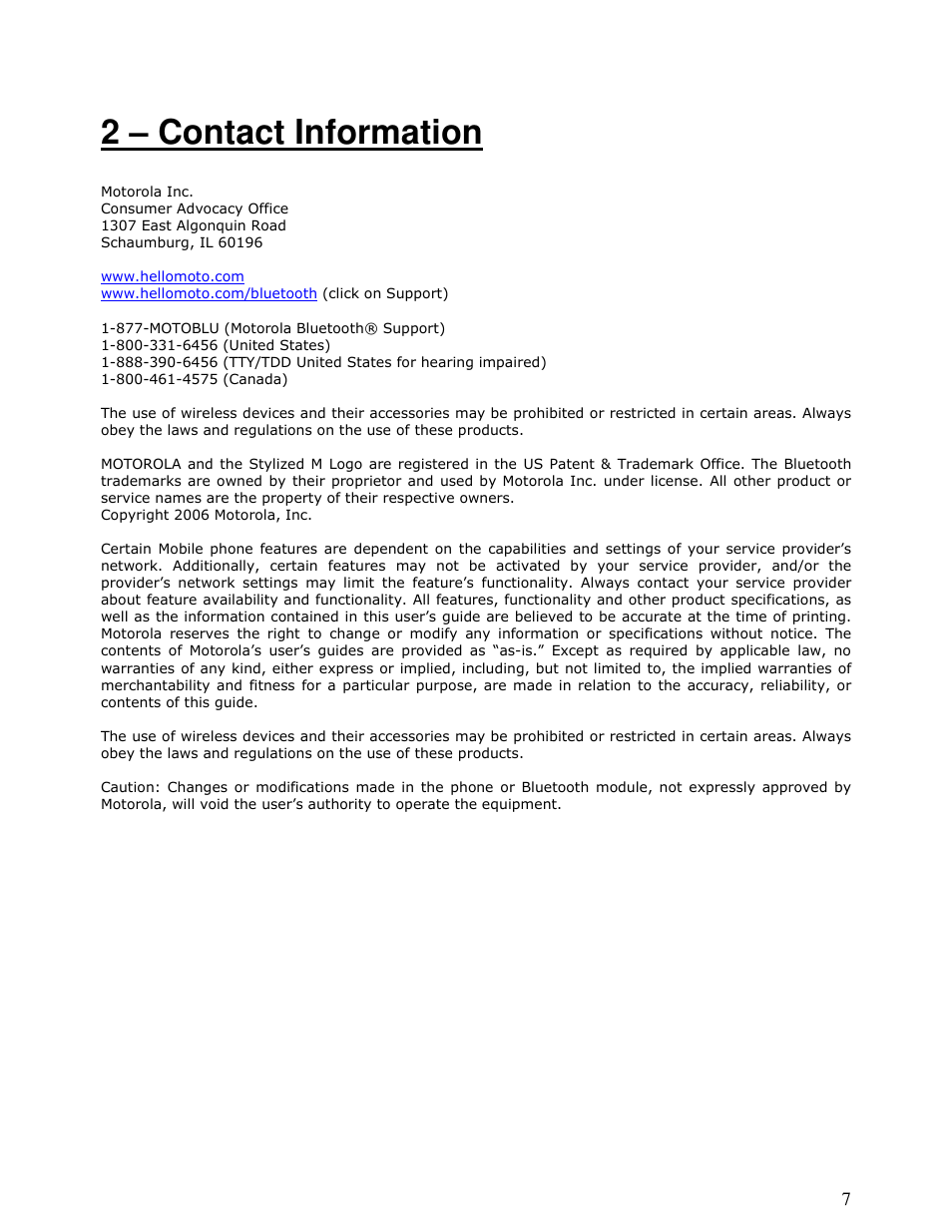 2 – contact information | Motorola MOTONAV T815 User Manual | Page 7 / 63