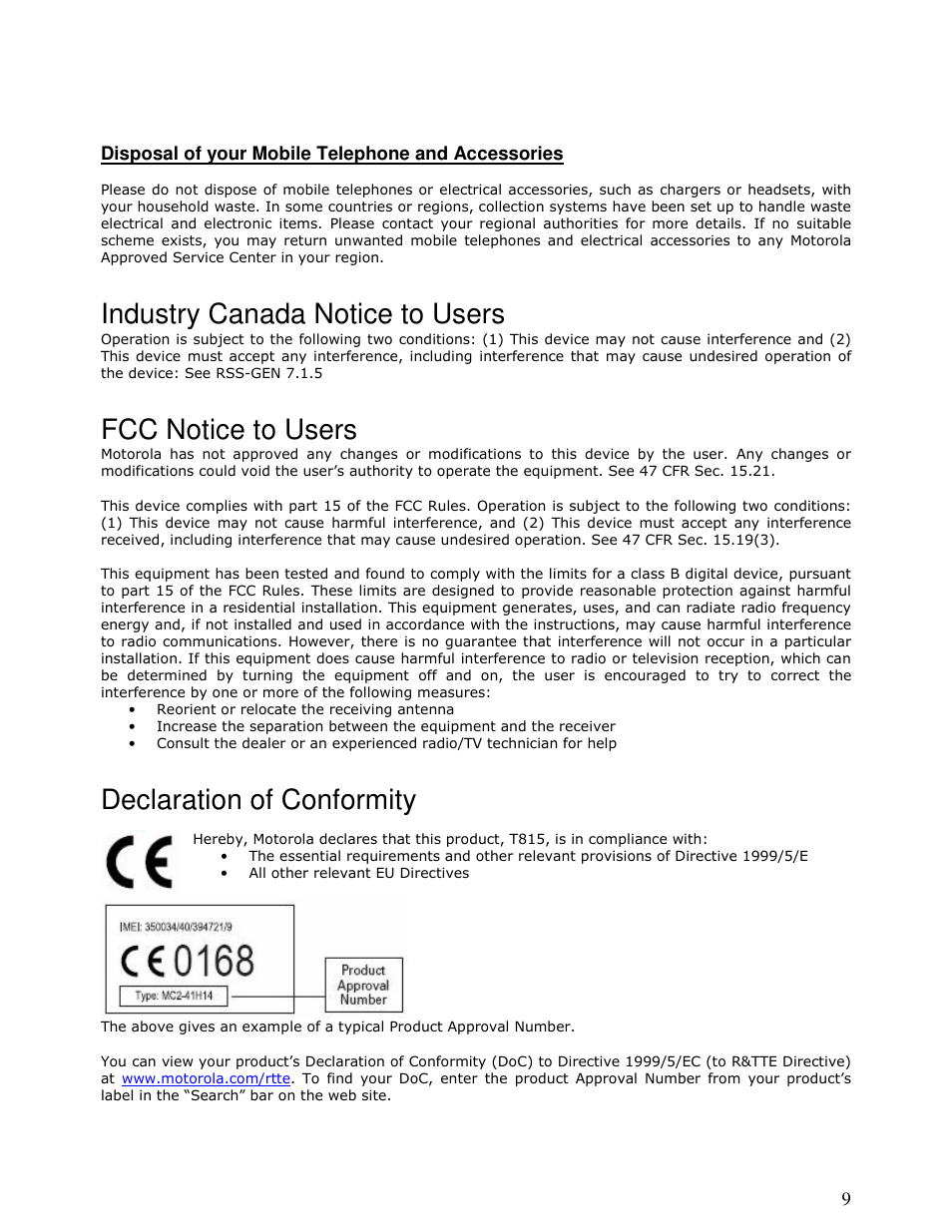 Industry canada notice to users, Fcc notice to users, Declaration of conformity | Motorola MOTONAV T815 User Manual | Page 9 / 63