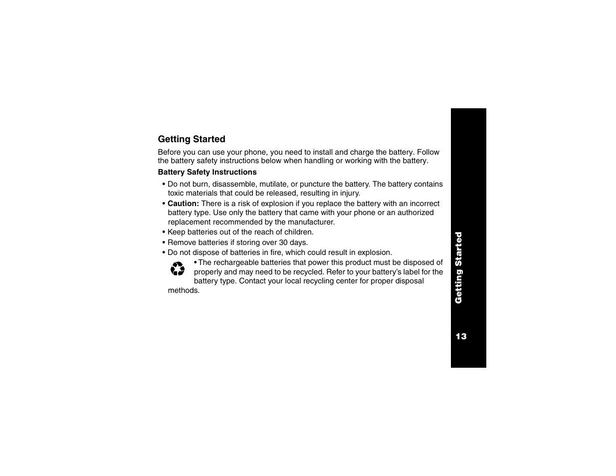 Getting started, Battery safety instructions | Motorola Cordless Telephone User Manual | Page 14 / 36