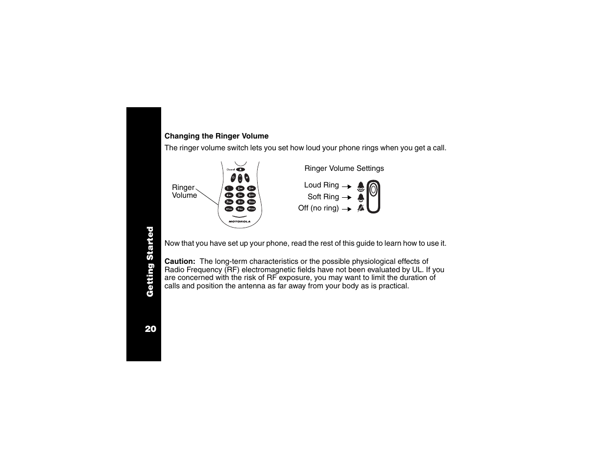 Changing the ringer volume | Motorola Cordless Telephone User Manual | Page 21 / 36