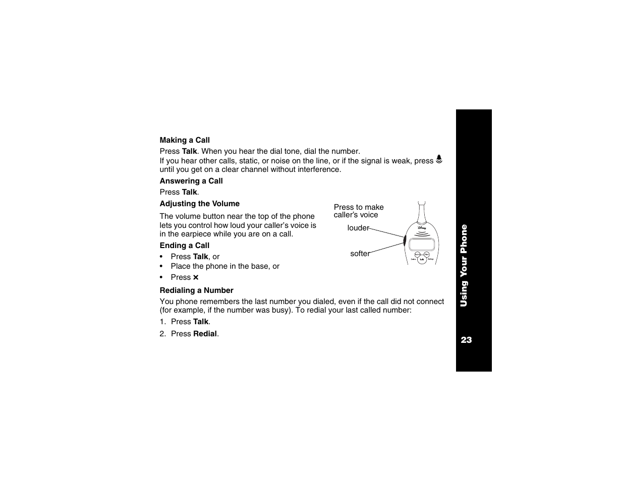 Making a call, Answering a call, Adjusting the volume | Ending a call, Redialing a number | Motorola Cordless Telephone User Manual | Page 24 / 36