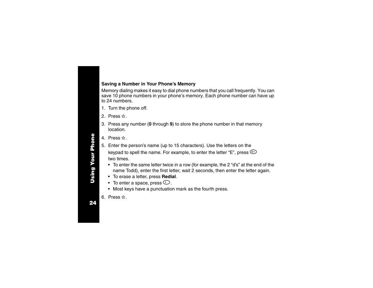 Saving a number in your phone’s memory, Saving a number in your phone’s, Memory | Motorola Cordless Telephone User Manual | Page 25 / 36